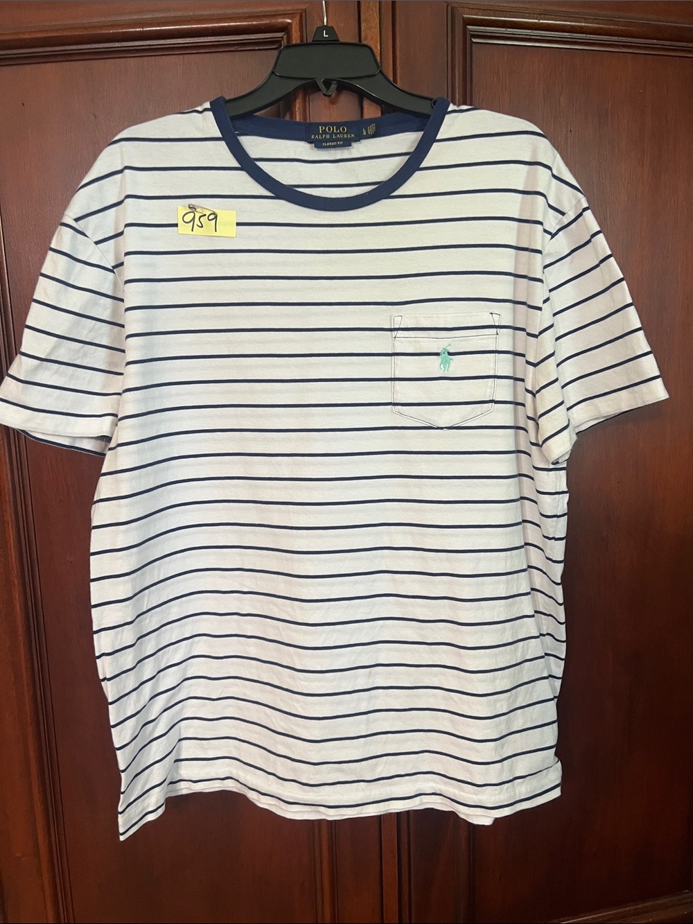 Polo by Ralph Lauren White Navy Striped Pocket Tee Size Large